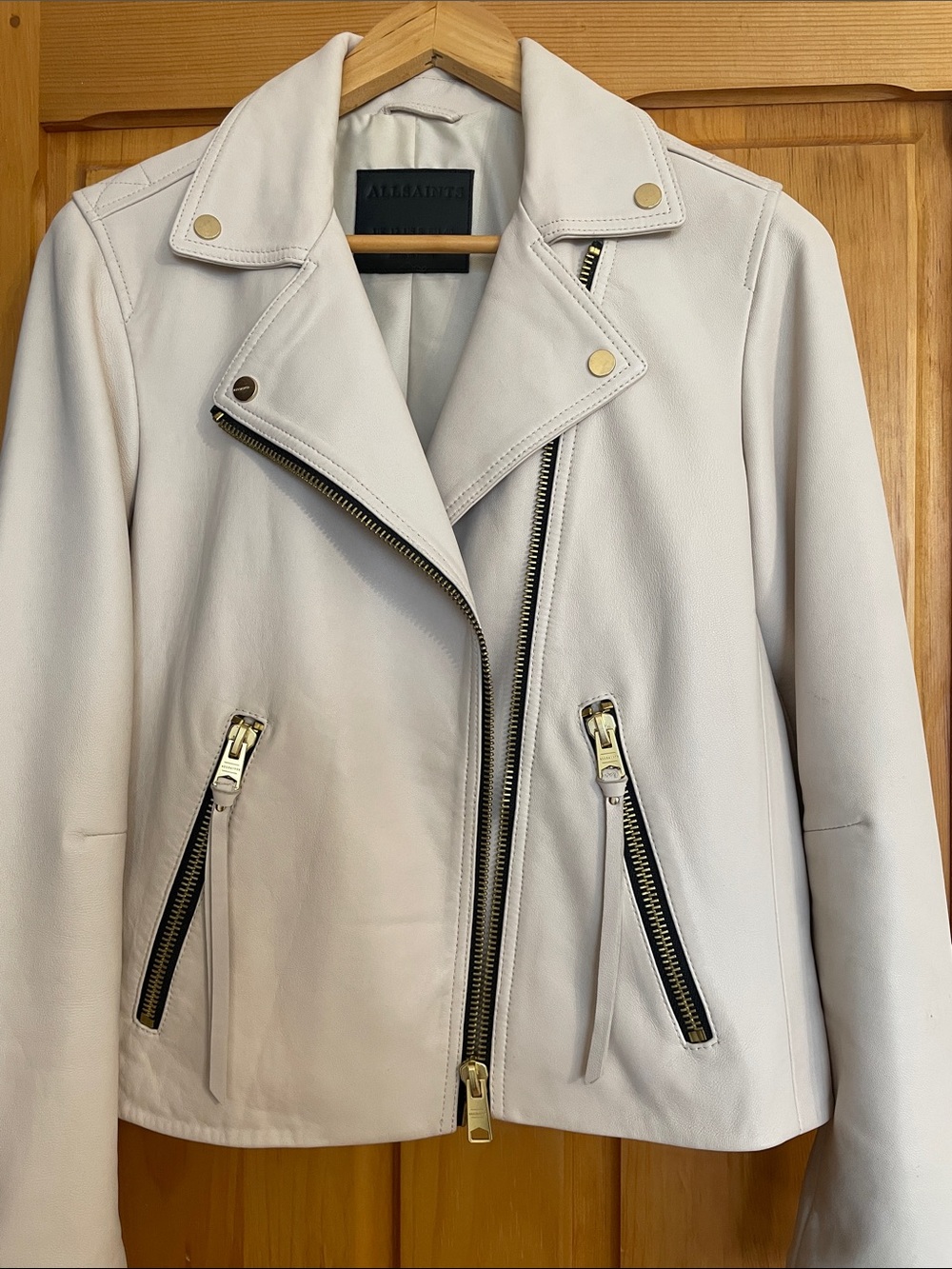 M   ALL SAINTS  Champagne Dalby Slim Fit Leather Biker Jacket  LIKE NEW